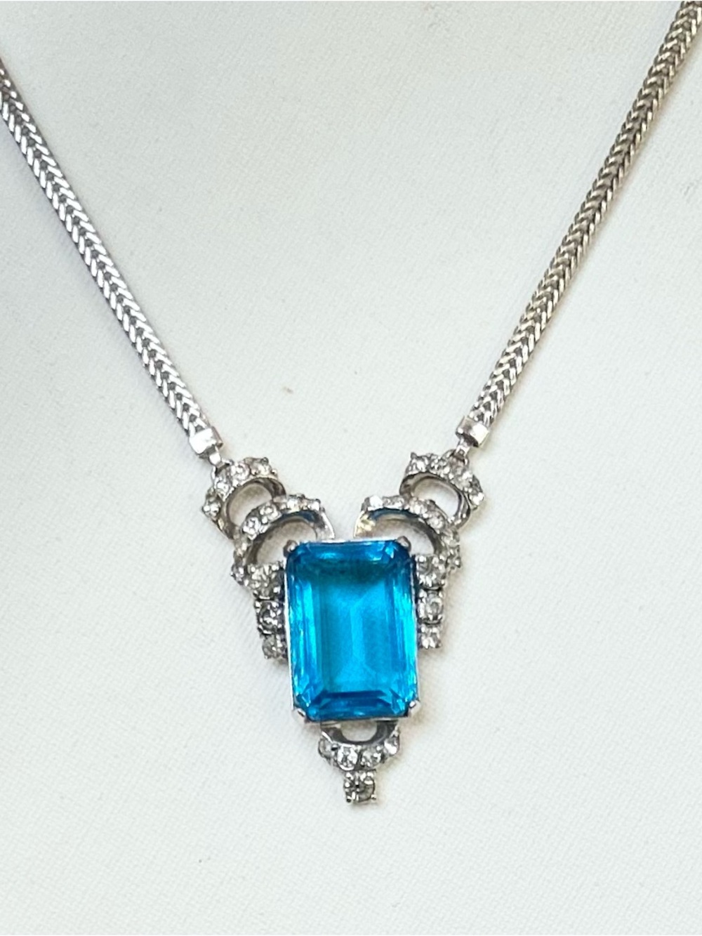 Sterling Silver Blue Emerald-Cut Pendant Necklace